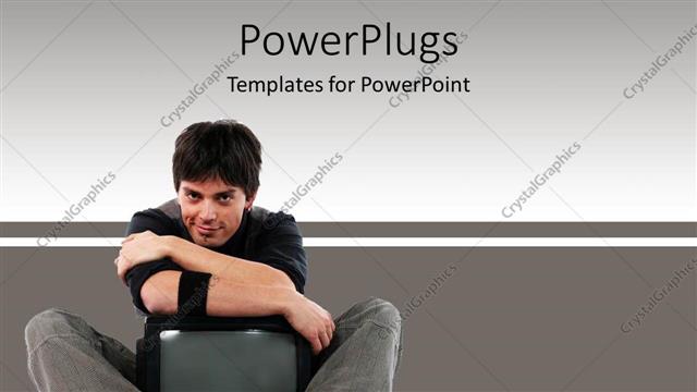  Presentation with television media - Young man hugging television, mass media, advertising