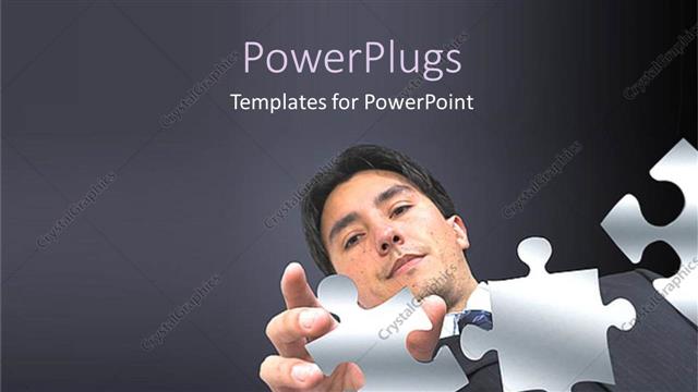  Presentation with together puzzle pieces - Young man putting puzzle pieces together on grey background
