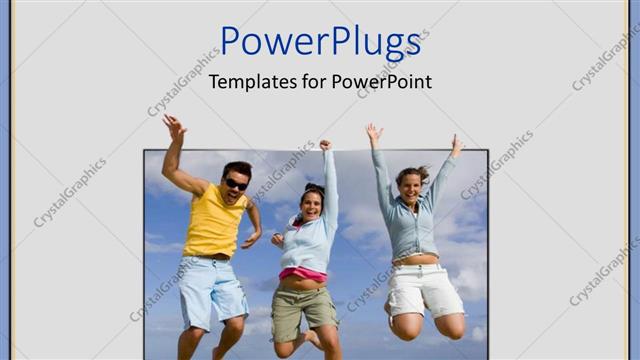  Presentation with joy - Young man and two women jumping happy on the beach