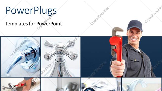  Presentation with bathroom - Young plumber with the tool and collage of bathroom fittings with white color