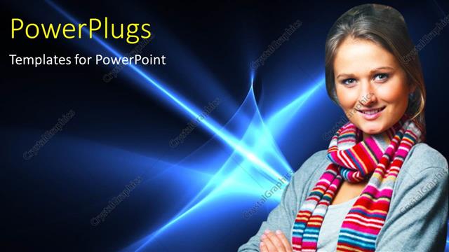  Presentation with shining star - A young pretty lady smiling on a blue background