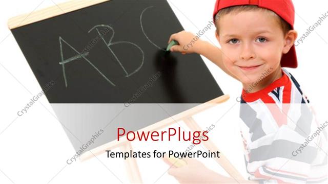  Presentation with writing - A young smiling boy in a red cab writing on a board