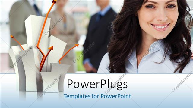  Presentation with sprouting plant - Young smiling business woman smiles with plant sprouting from box