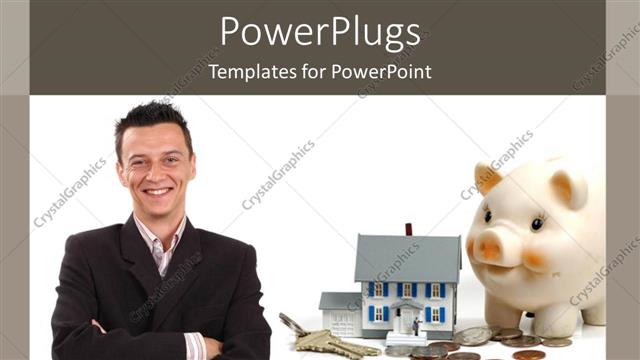  Presentation with investment - Young smiling man with crossed arms near a depiction of house, keys, coins and piggy bank