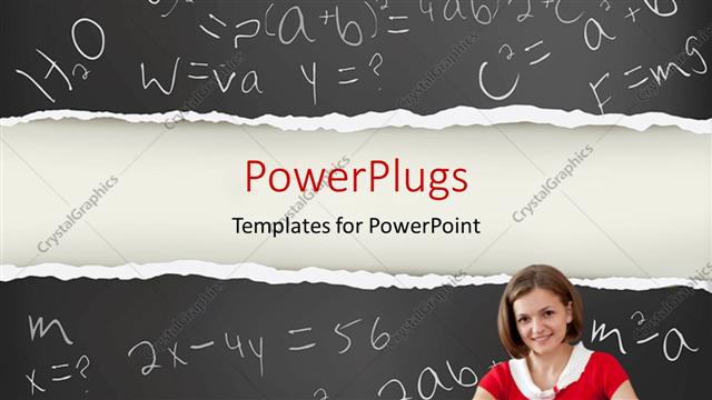  Presentation with study - Young smiling teacher with STUDY letters and blackboard in the background