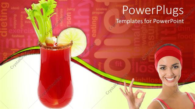  Presentation with healthy drink - Young smiling woman dressed for exercising and red drink in glass with celery and lime and word cloud related to healthy diet