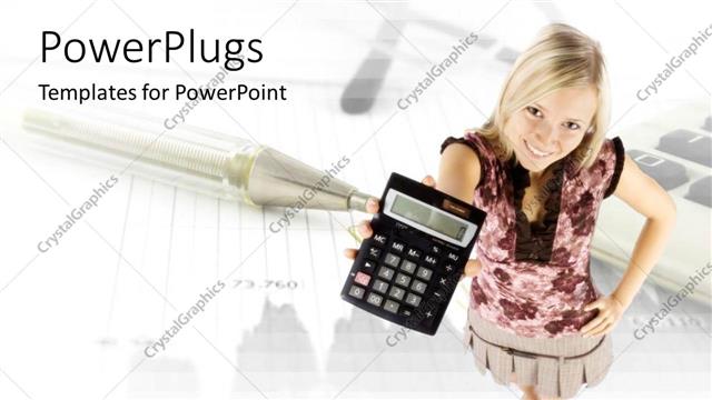  Presentation with calculator - Young woman holding up a calculator with pen and chart in background