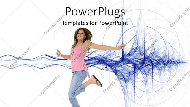  Presentation with abstract music - Young woman jumping dancing with abstract lines on white background