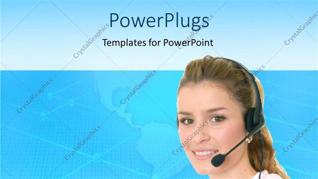  Presentation with woman world - Young woman wearing headphones and microphone with world map on light blue background