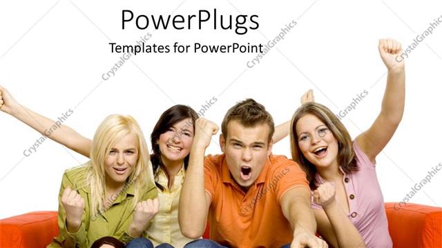  Presentation with sports - Young women and man sitting on couch cheering, sports fans