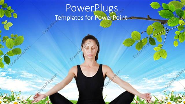 Presentation with meditation green - Young women wearing black exercising clothes performing yoga meditation exercising on blue mat with flower field and branches with green leaves and bright blue sky background