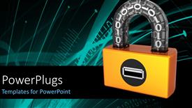  Presentation with code - Orange digital padlock with binary code in transparent arch and tech design in the background