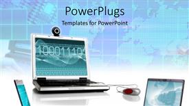 presentation powerpoint code Presentation with code - Three laptops with binary code, flat world map background, IT, global communications