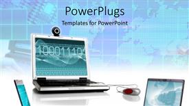  Presentation with code - Three laptops with binary code, flat world map background, IT, global communications