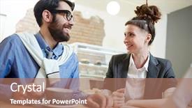  Presentation with cheerful - Presentation design consisting of 1 1 meetings - cheerful young colleagues looking background and a coral colored foreground