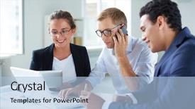  Presentation with phone meeting - Cool new slide deck with 1 1 meetings - portrait of smart business partners backdrop and a  colored foreground