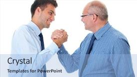  Presentation with blue handshake - Beautiful PPT theme featuring 1 1 meetings - two businessman seal deal agreement backdrop and a light blue colored foreground