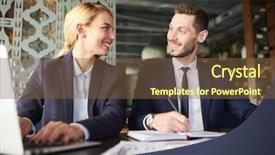  Presentation with cheerful - Presentation design with 1 1 meetings - two young cheerful colleagues background and a tawny brown colored foreground