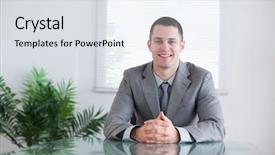  Presentation with negotiation - Presentation theme featuring 1 1 meetings - young businessman in a successful background and a  colored foreground