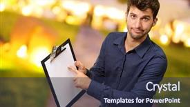  Presentation with outdoors - Presentation theme consisting of 1 1 meetings - young man pointing on clipboard background and a wine colored foreground