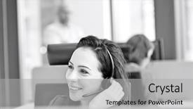  Presentation with beautiful sheet of cannabis marijuana - Theme with 1 customer service - beautiful young businesswoman using headset background and a light gray colored foreground