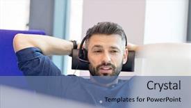  Presentation with office - Slide set featuring 1 customer service - mid adult businessman using headset background and a ocean colored foreground