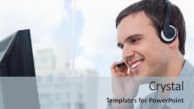  Presentation with office ergonomics man worker exercising - Amazing PPT theme having 1 customer service - smiling office worker using backdrop and a light blue colored foreground