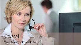  Presentation with computer - Theme having 1 customer service - woman holding headset at computer background and a coral colored foreground