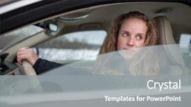  Presentation with driving - PPT layouts featuring 1 limb - pretty young woman driving her background and a gray colored foreground