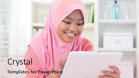  Presentation with muslim teen - Beautiful PPT layouts featuring 1 malaysia - asian teen using tablet pc backdrop and a coral colored foreground