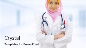  Presentation with muslim - Theme having 1 malaysia - confident muslim female doctor standing background and a sky blue colored foreground