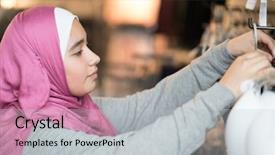  Presentation with fabrics - Presentation design with 1 malaysia - muslim woman choosing fabrics background and a light gray colored foreground