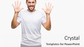  Presentation with one young man exercising handball - Cool new PPT layouts with 10 people - young handsome man over isolated backdrop and a white colored foreground