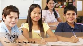  Presentation with class - Slide deck having 10 year old boys - teacher and schoolchildren in class background and a coral colored foreground