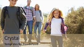  Presentation with hiking - Colorful presentation design enhanced with 10 years - mother and children hiking backdrop and a coral colored foreground