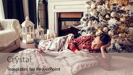  Presentation with girl christmas - Audience pleasing PPT theme consisting of 10 years old preteen girl in pajama and santa hat laying on carpet with holiday bedding by christmas tree and fireplace and drinking milk in morning at home backdrop and a coral colored foreground