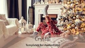  Presentation with girl christmas - PPT theme enhanced with 10 years old preteen girl in pajama and santa hat laying on carpet with holiday bedding by christmas tree and fireplace and drinking milk in morning at home background and a coral colored foreground