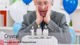  Presentation with birthday cake - Amazing presentation design having 100 - surprised senior man looking backdrop and a light gray colored foreground