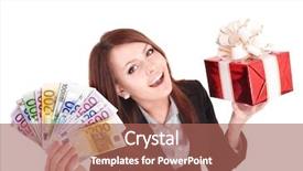  Presentation with euro - PPT theme enhanced with 100 birthday - young woman holding euro money background and a coral colored foreground