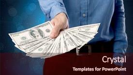  Presentation with bills - Slide set consisting of 100 people - young businessman holding large amount background and a wine colored foreground