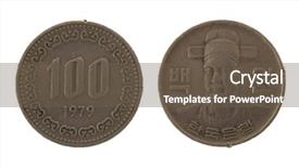  Presentation with south korean - Colorful PPT layouts enhanced with 100 south korean won coin backdrop and a tawny brown colored foreground
