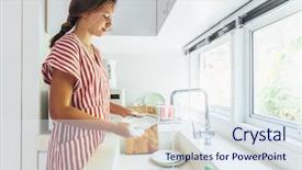  Presentation with teenage girl - Slide deck enhanced with 12 - teenage girl washing dish background and a sky blue colored foreground