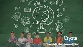  Presentation with green chalkboard - Presentation enhanced with 123 - cute pupils smiling at camera background and a ocean colored foreground