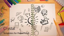  Presentation with doodles - Beautiful PPT theme featuring 123 abc - education doodles against students desk backdrop and a coral colored foreground