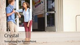  Presentation with school building - Amazing slide deck having grade 2 - two high school students standing backdrop and a soft green colored foreground