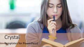  Presentation with child girl reading a book - PPT theme featuring 13 15 years - girl student reads a book background and a coral colored foreground