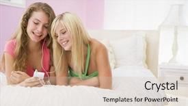  Presentation with listening - Presentation theme enhanced with 13 15 years - teenage girls laying on bed background and a  colored foreground