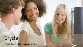  Presentation with sitting posture and computer ergonomics - Audience pleasing PPT theme consisting of 13 15 years - teenagers sitting around a computer backdrop and a  colored foreground