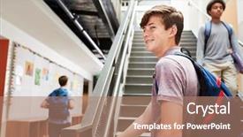  Presentation with school building - Colorful slide set enhanced with 14 - high school students walking down backdrop and a coral colored foreground