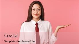  Presentation with naughty girl is standing - PPT theme featuring 15 - image of pleased girl 15-16y background and a coral colored foreground